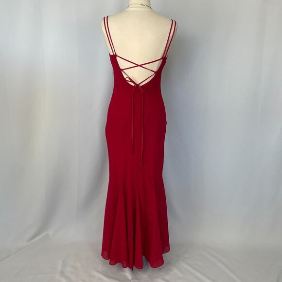 Vintage 90s Y2K Formal Dress Size Small Red Glitter Rhinestone Strappy Prom Long - Picture 7 of 16